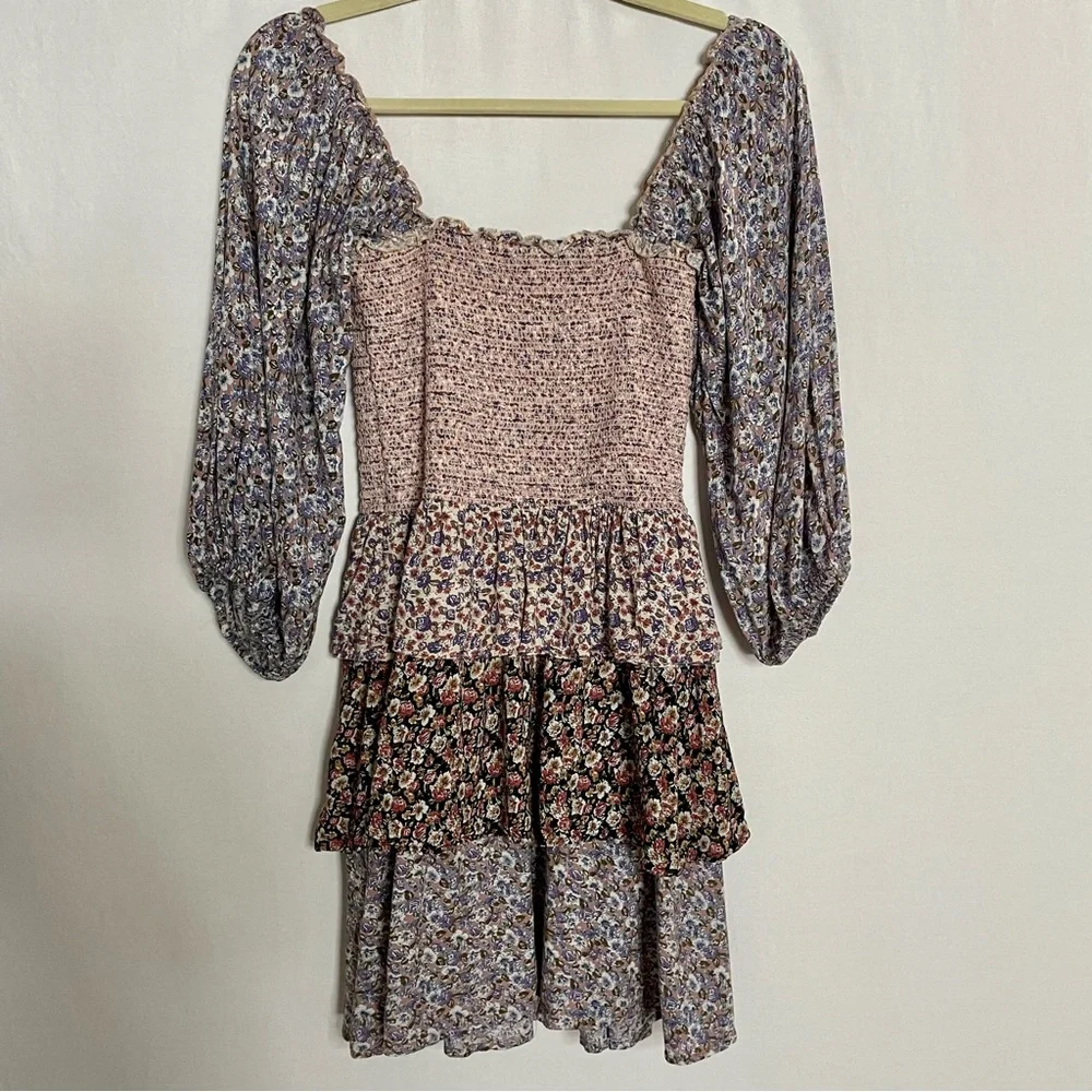 Storia Boho Smocked Chest Mixed Floral Print Tiered Peasant Mini Dress_12